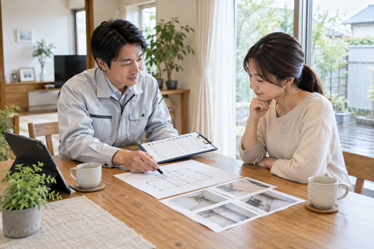 住人と専門スタッフが住宅図面と点検項目を確認する相談風景