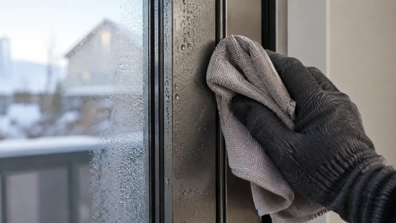 柔らかい布でドア枠の水滴を拭き取る様子