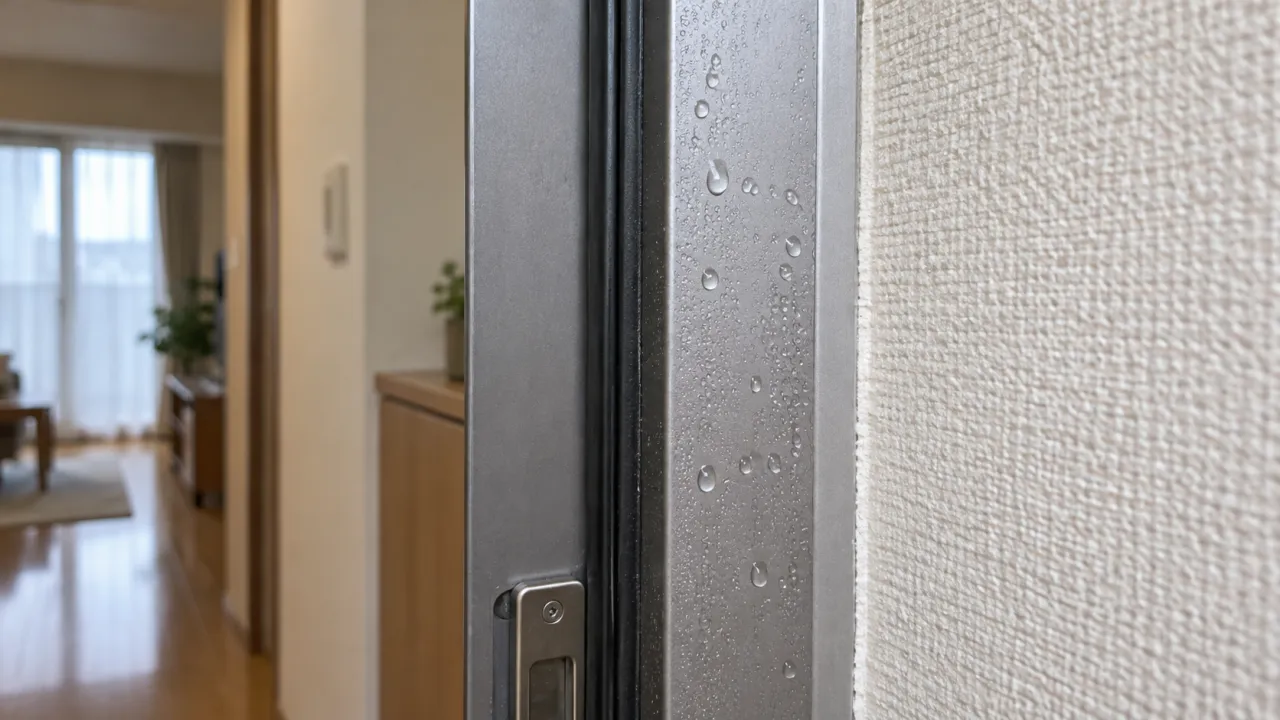 室内側の金属ドア枠に付いた水滴と隣接する壁紙
