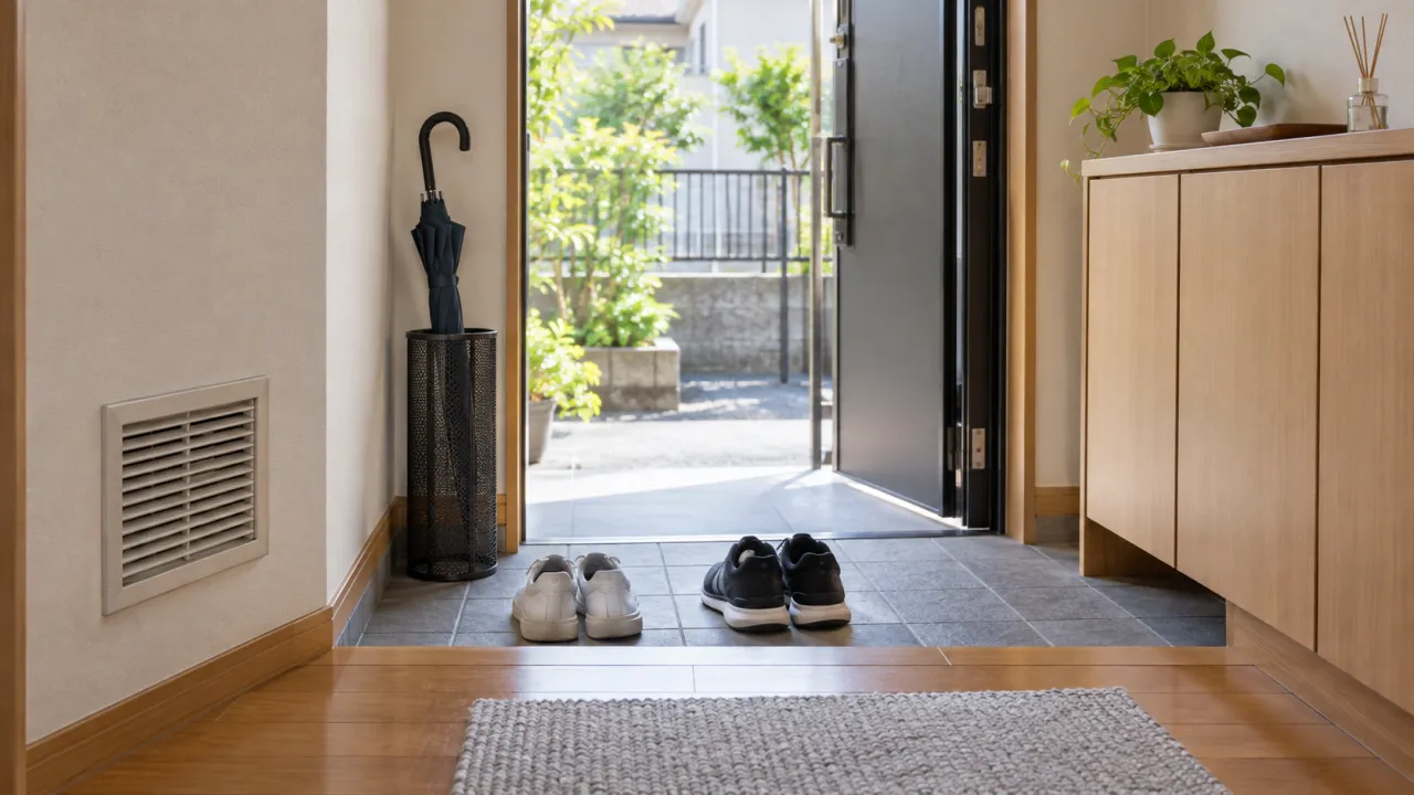 玄関の給気口と靴・傘の置き方を確認する室内