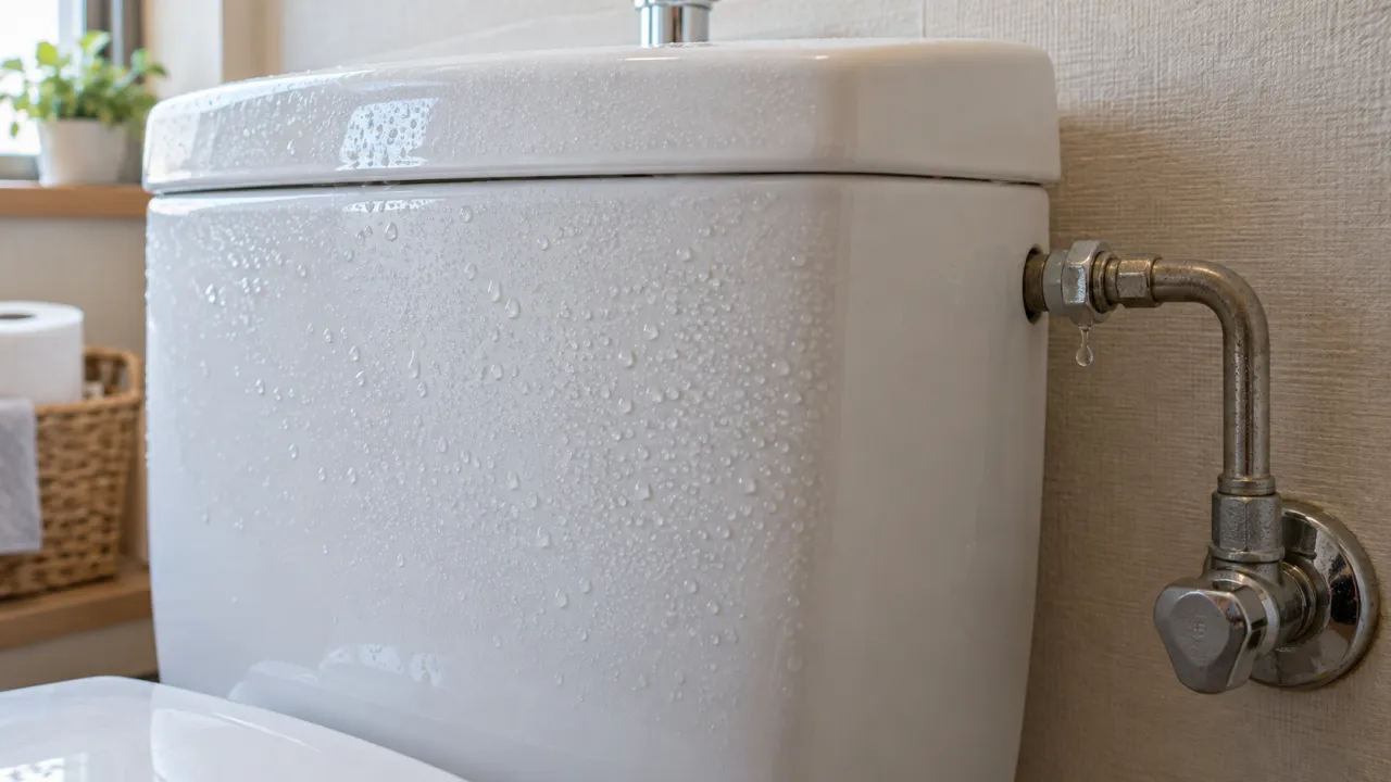 タンク表面の水滴と給水管の接続部