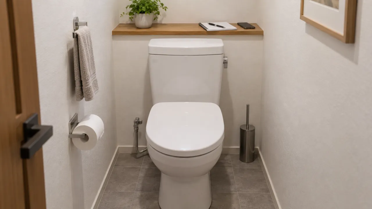 明るい住宅のトイレ室内とタンク・壁・床