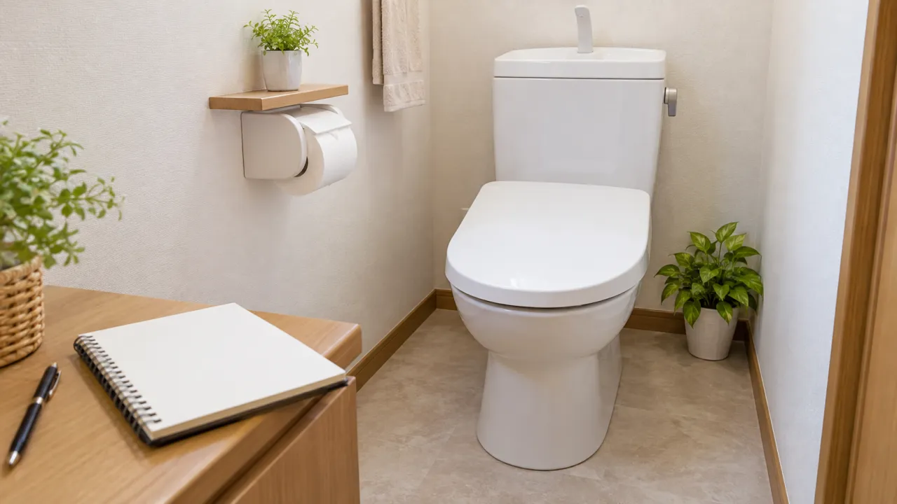 トイレ室内の全景と白紙の相談用ノート