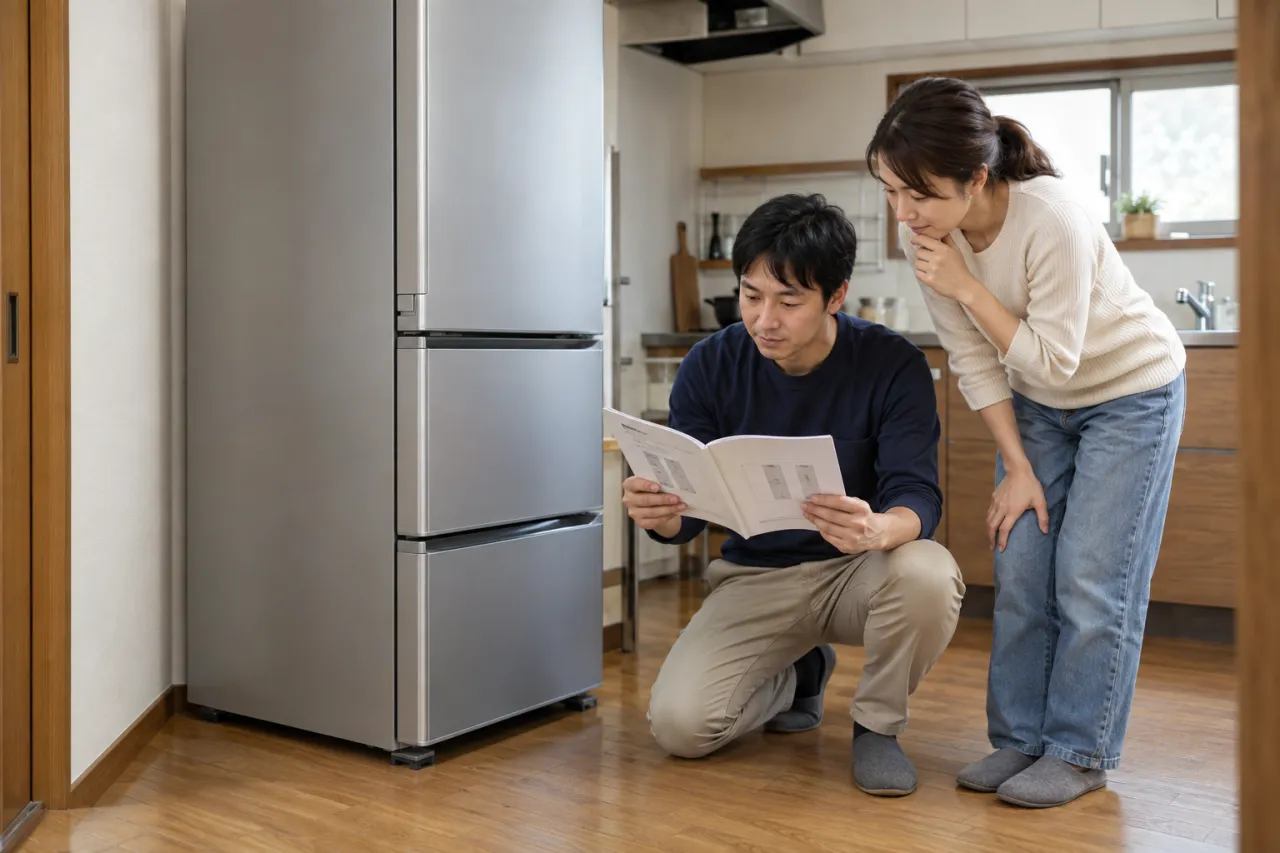 冷蔵庫の前で取扱説明書を確認する二人