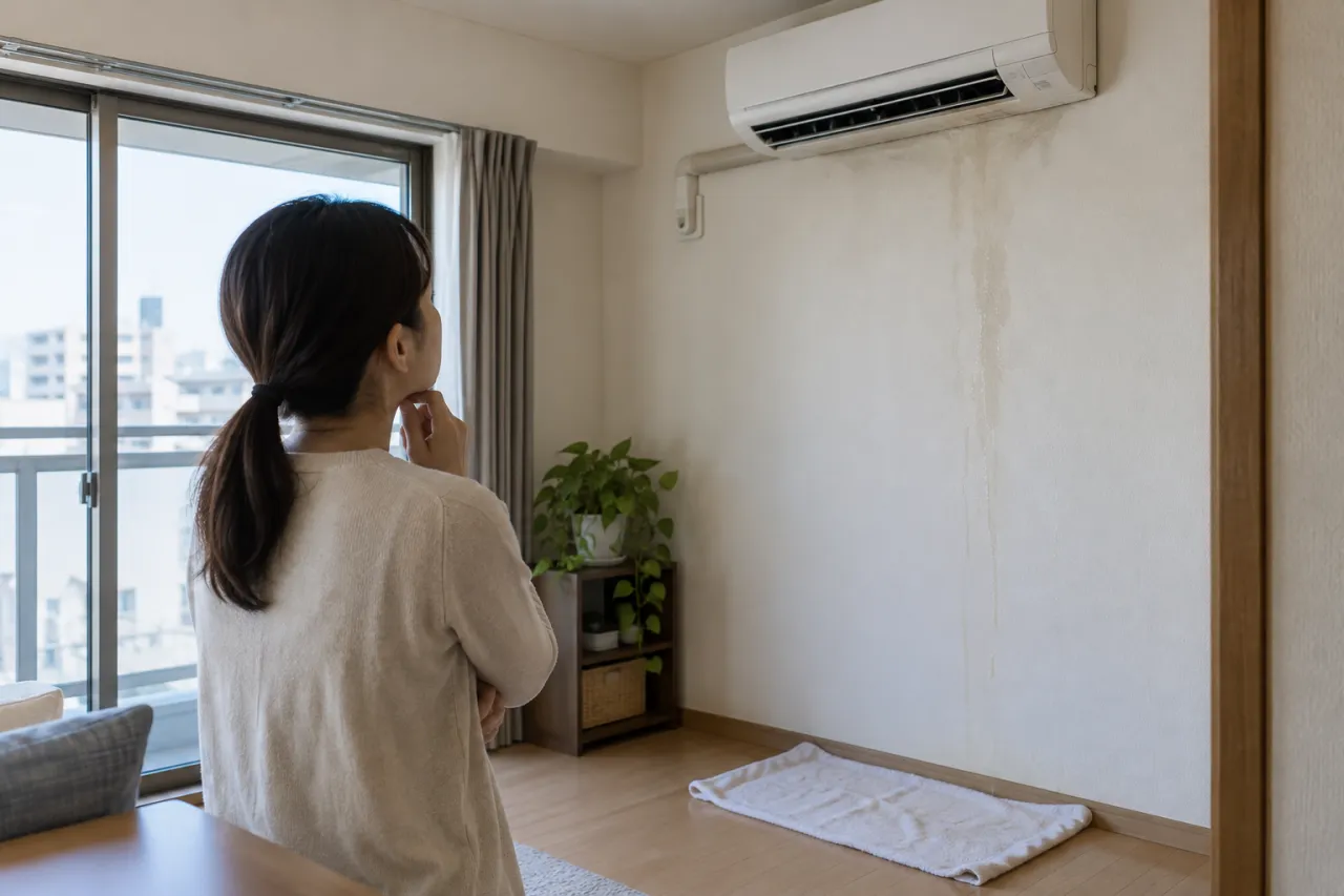 ベランダで水が滴るエアコンのドレンホース先端