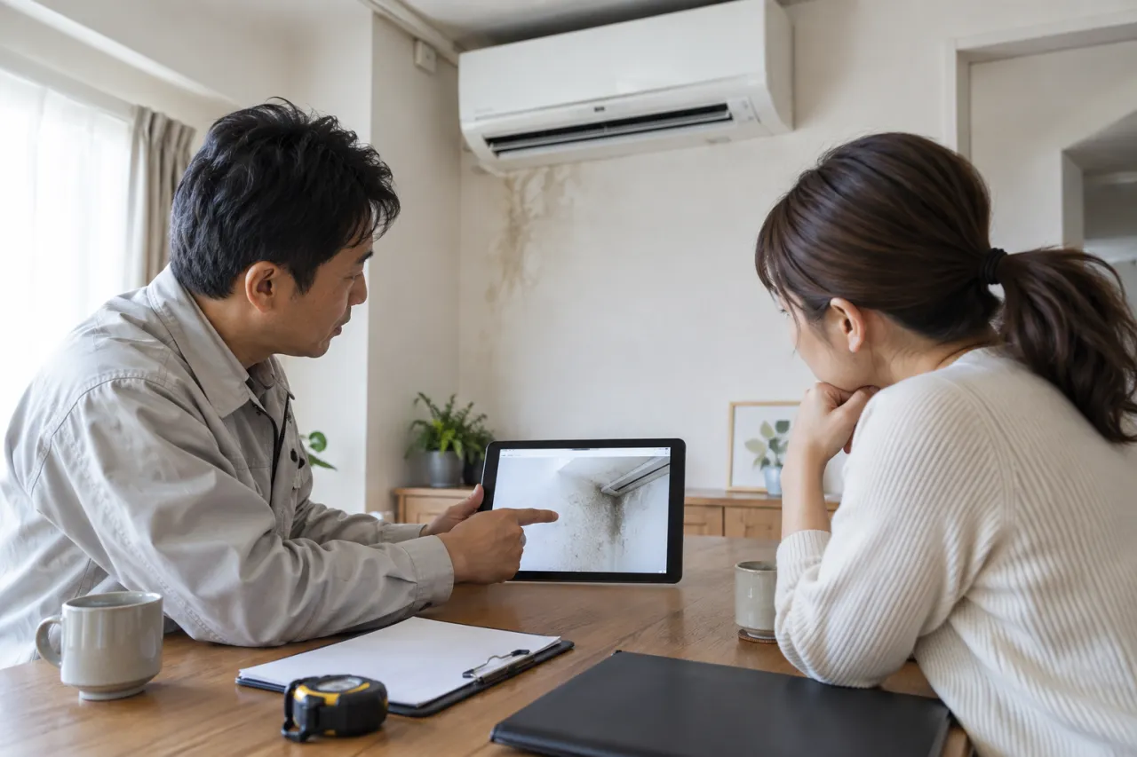 エアコン近くの壁紙にある薄い灰色の変色