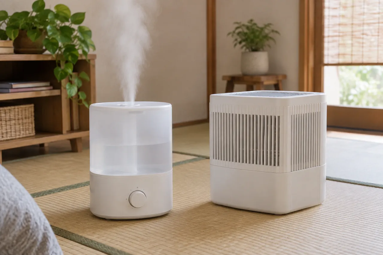 加湿器と濡れた床、近くの電源タップを確認する人