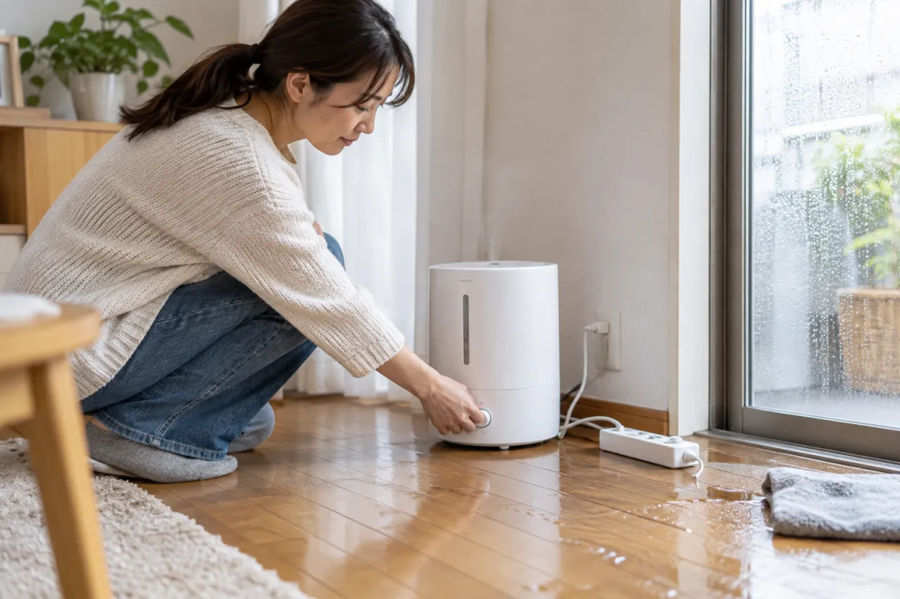 加湿器近くの壁紙に薄い変色がある様子