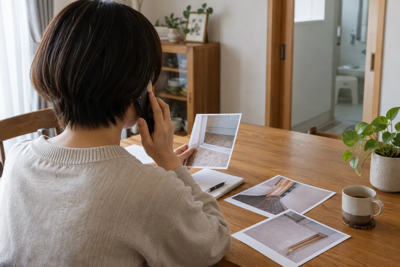 浴室ドアの説明書と濡れの写真を並べた机