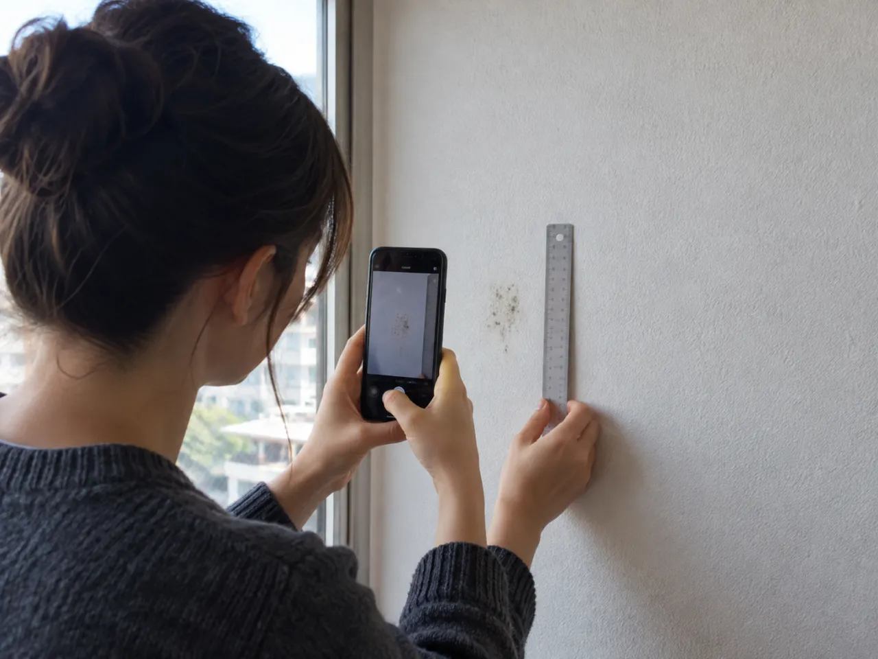 壁の黒ずみを定規とスマートフォンで記録する人