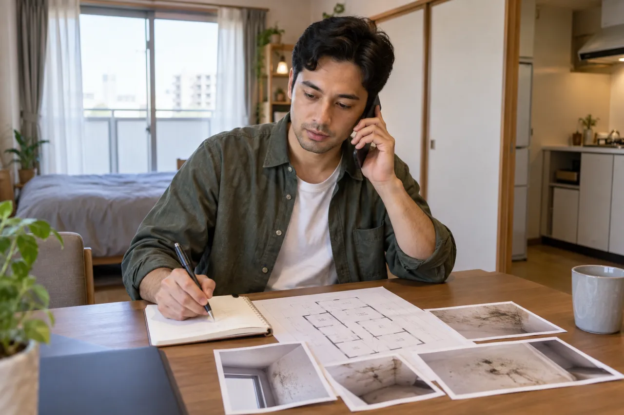 乾いた表面の汚れと湿った壁の違いを並べた室内