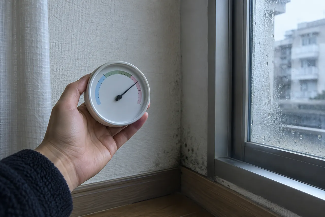 結露した窓のそばで湿度計を確認する手