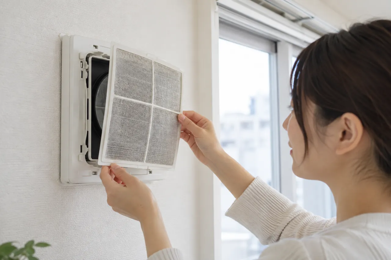 壁の給気口の取り外せるフィルターを確認する人