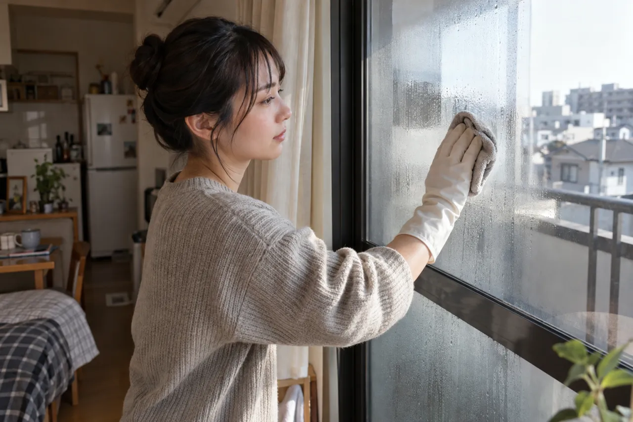 賃貸住宅の窓の結露を布で拭き取る人