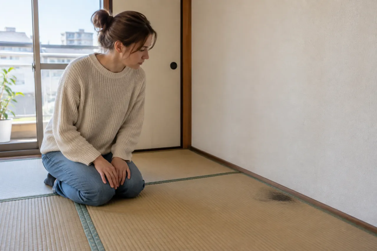 和室の畳の黒ずみを確認する賃貸住宅の入居者