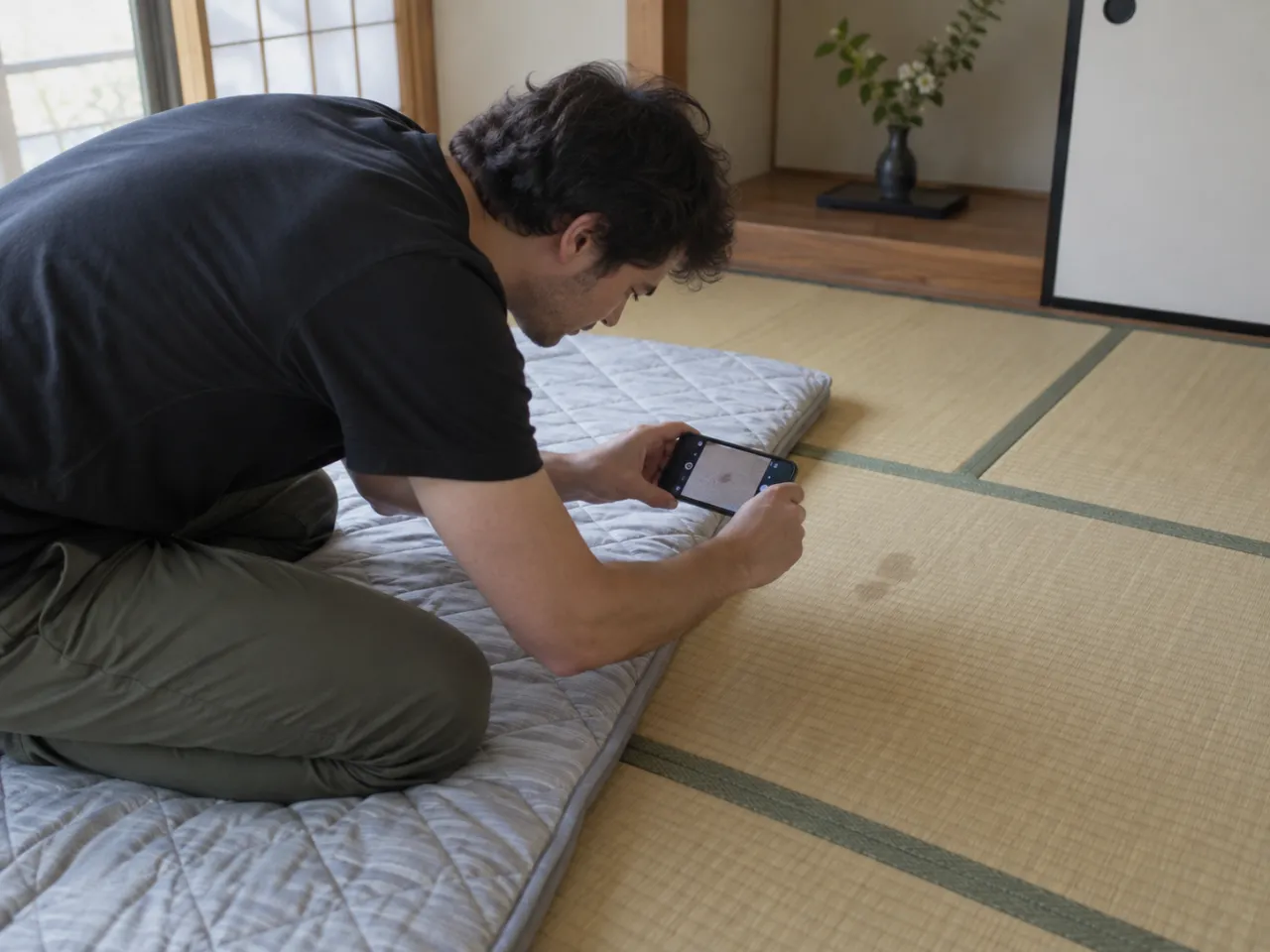 畳を持ち上げずにスマートフォンで状態を撮影する人