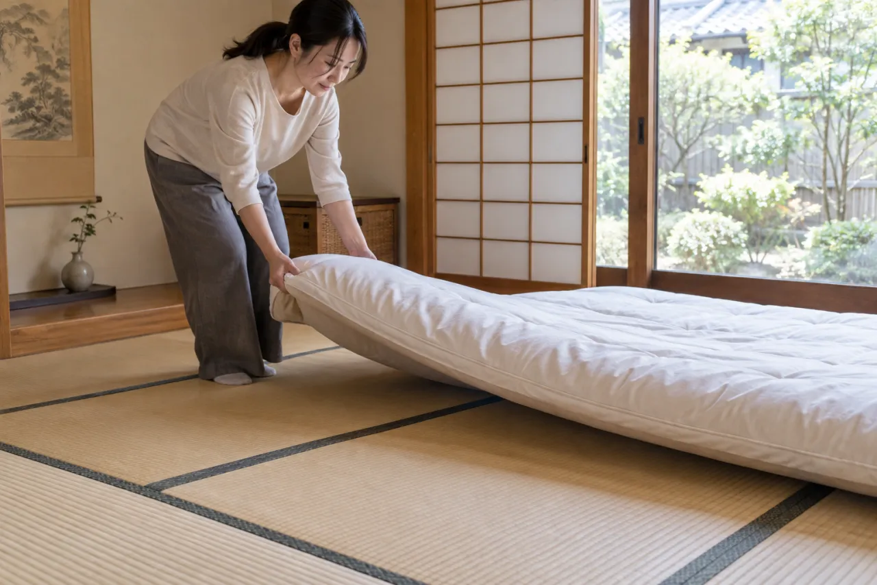 畳の上の布団を移動して通気を確保する人