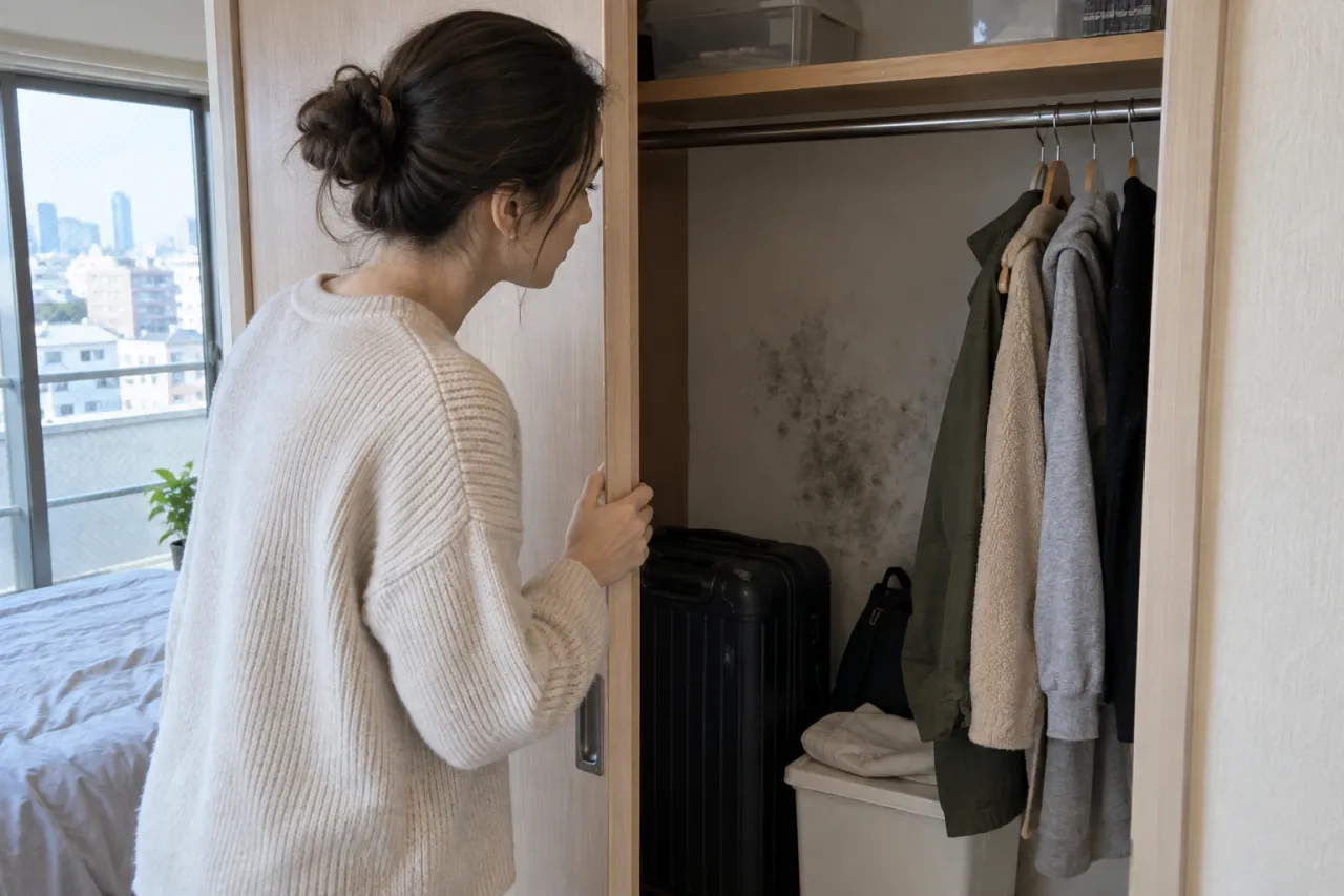 外壁側のクローゼットの黒ずみを確認する入居者