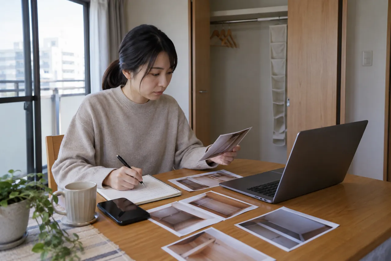 クローゼットの写真を整理し管理会社への相談を準備する人