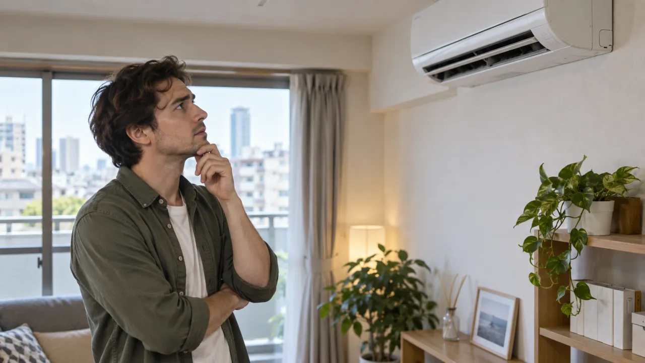 賃貸住宅のエアコンの臭いに気づき室内機を見る入居者
