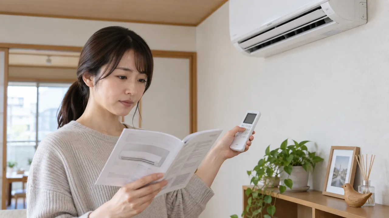 エアコンの説明書を読み安全な手入れ方法を確認する入居者