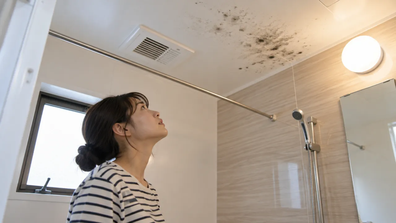 浴室天井の黒ずみを床から見上げる入居者