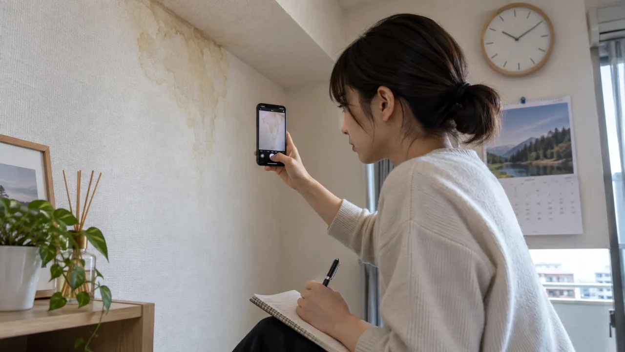 壁紙の水染みを写真と時系列で記録する入居者