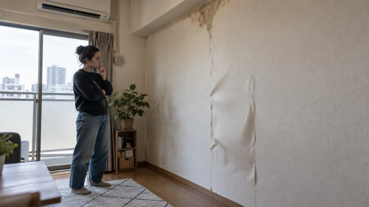 水漏れ後に膨らんだ賃貸住宅の壁紙を見る入居者