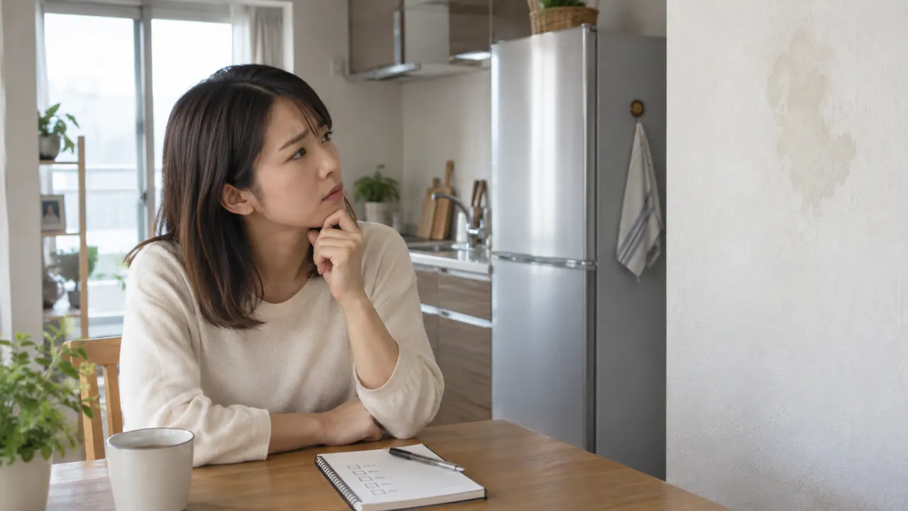 冷蔵庫の近くの壁を見て確認事項を整理する入居者