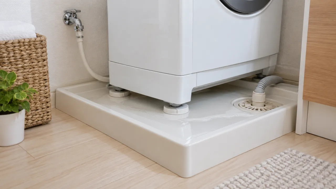 洗濯機パンの排水ホースと水たまり