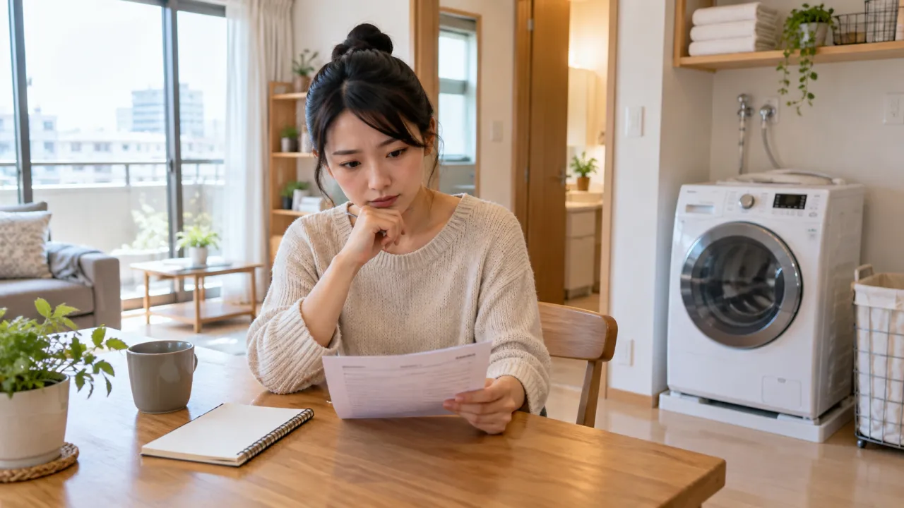 洗濯機のある住まいで確認項目を読む入居者