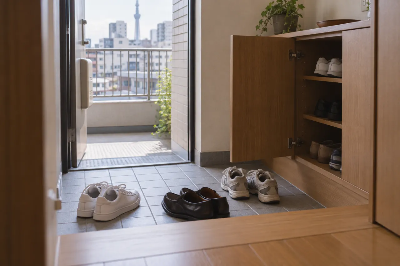 日本の住まいの玄関で靴箱の扉を開けて靴を乾かす説明用画像