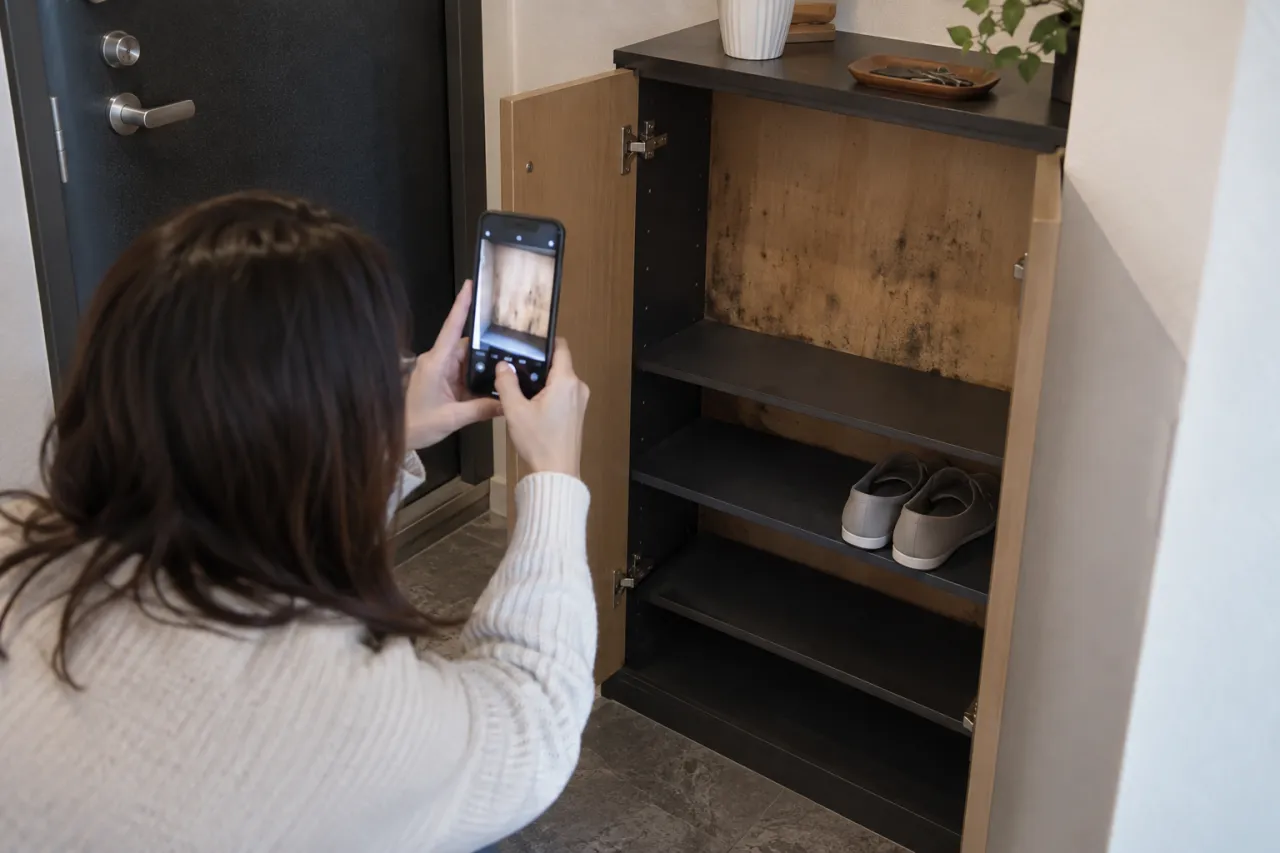 賃貸住宅の靴箱をスマートフォンで撮影して記録する説明用画像