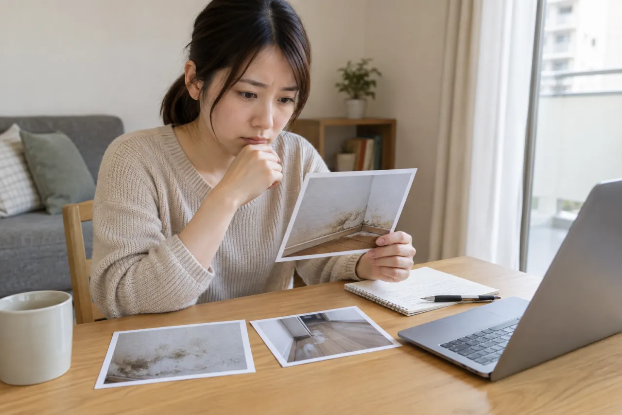 壁と床の写真を見ながら相談内容を整理する入居者