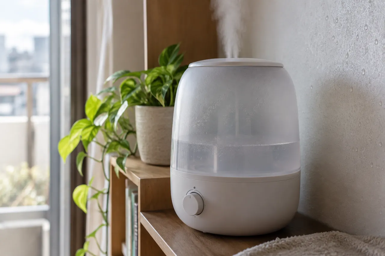 壁の近くに置かれた加湿器と水滴