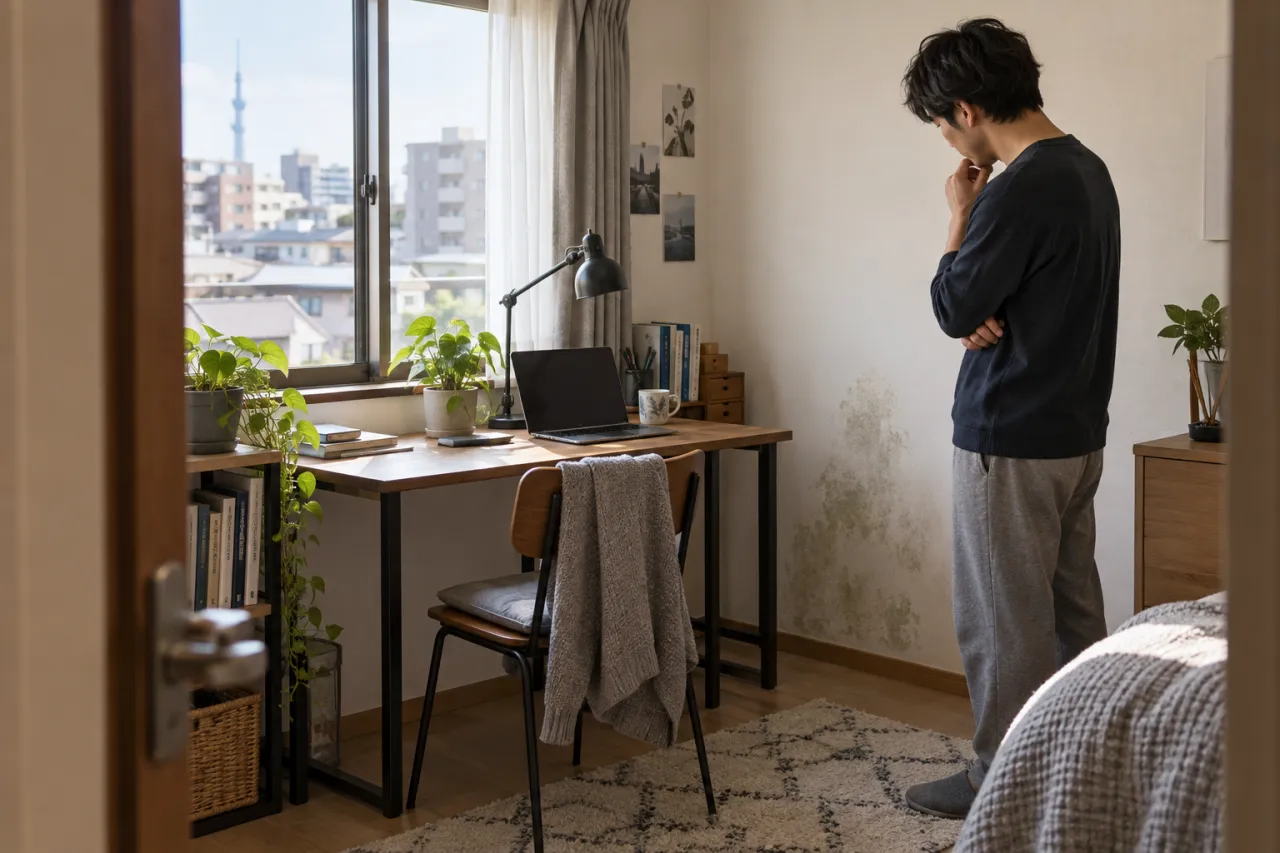 デスクを壁から離して結露を確認する室内