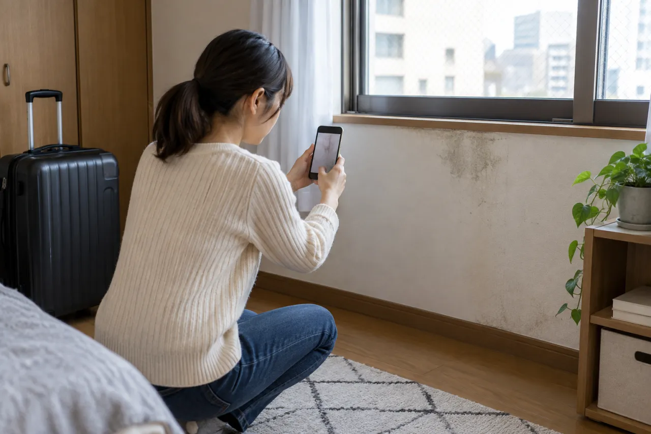 旅行から戻り室内の臭いを確認する入居者