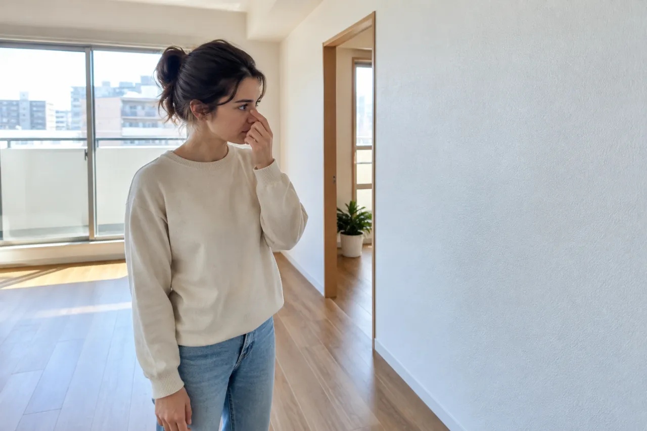 改装後の室内の臭いを確認する入居者