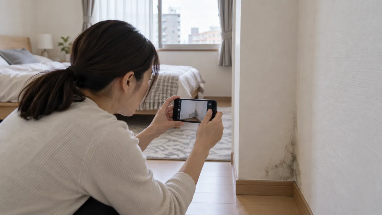 壁の角の変色を離れて撮影する保護者
