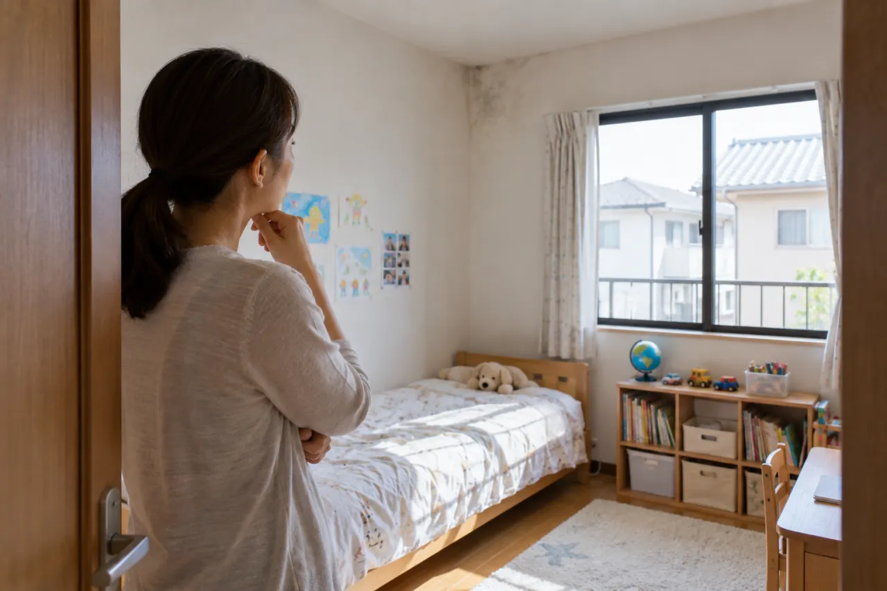 子ども部屋の外壁側の角を確認する保護者