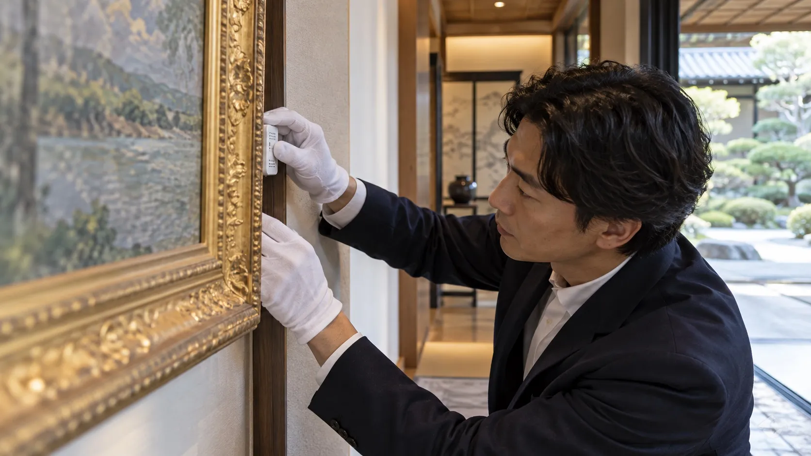 絵画の背面と外壁側の隙間を慎重に確認する場面