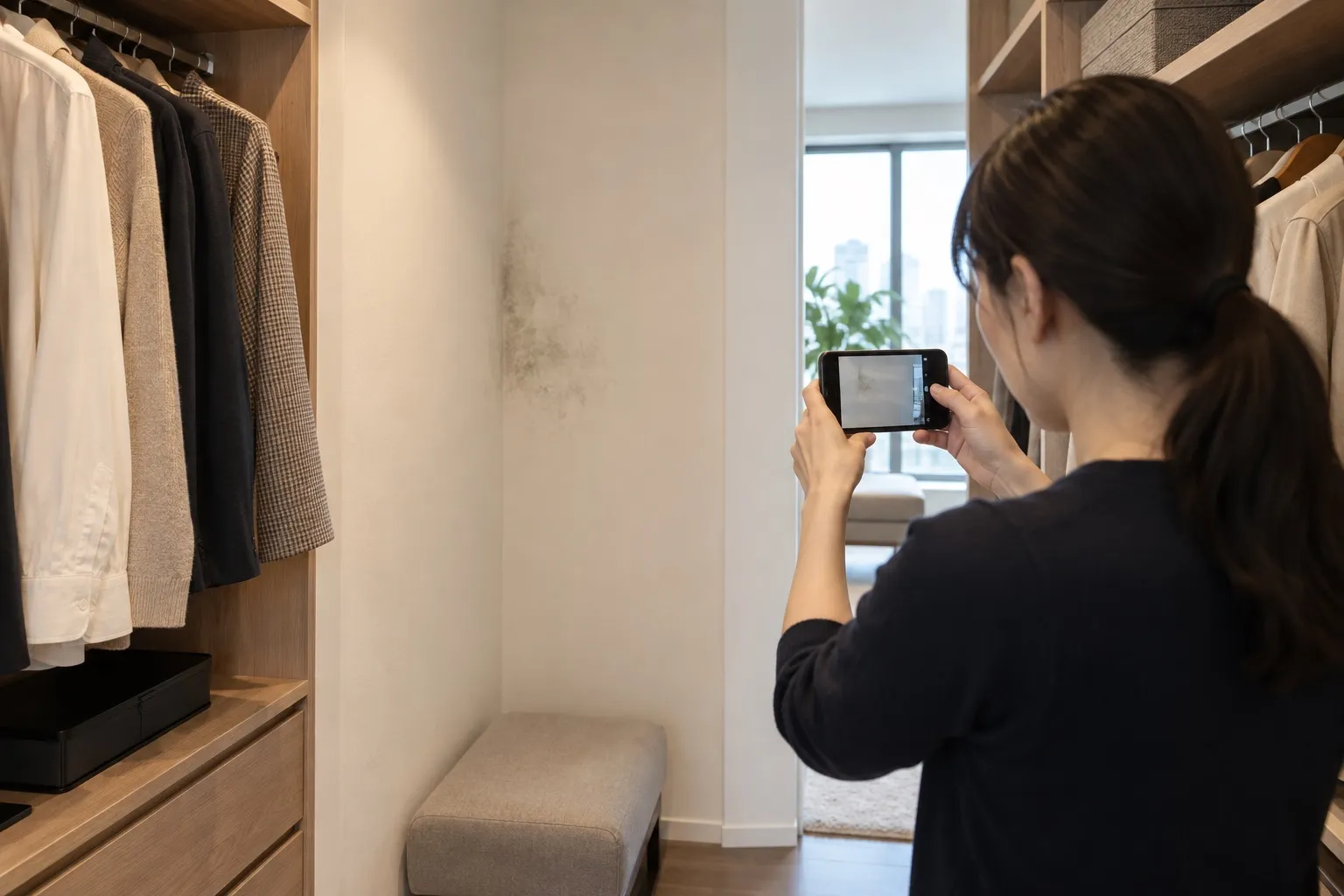 ウォークインクローゼット内の壁と革製品を写真で記録する様子