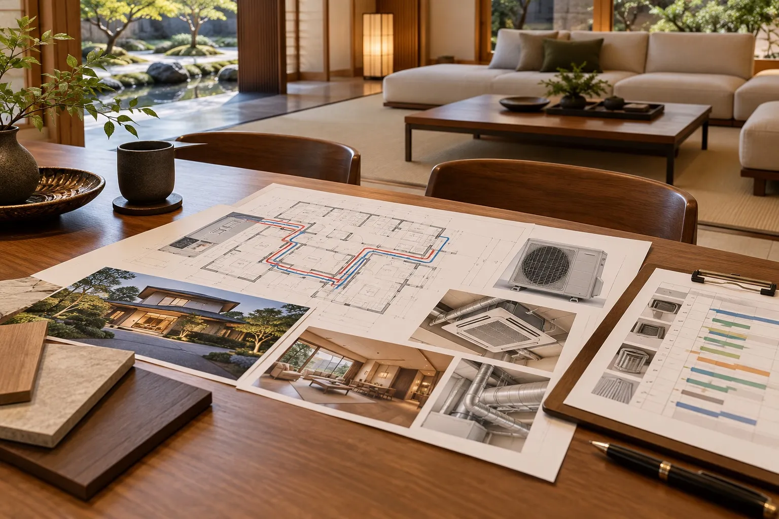 住宅の空調系統図と保守履歴を確認するイメージ