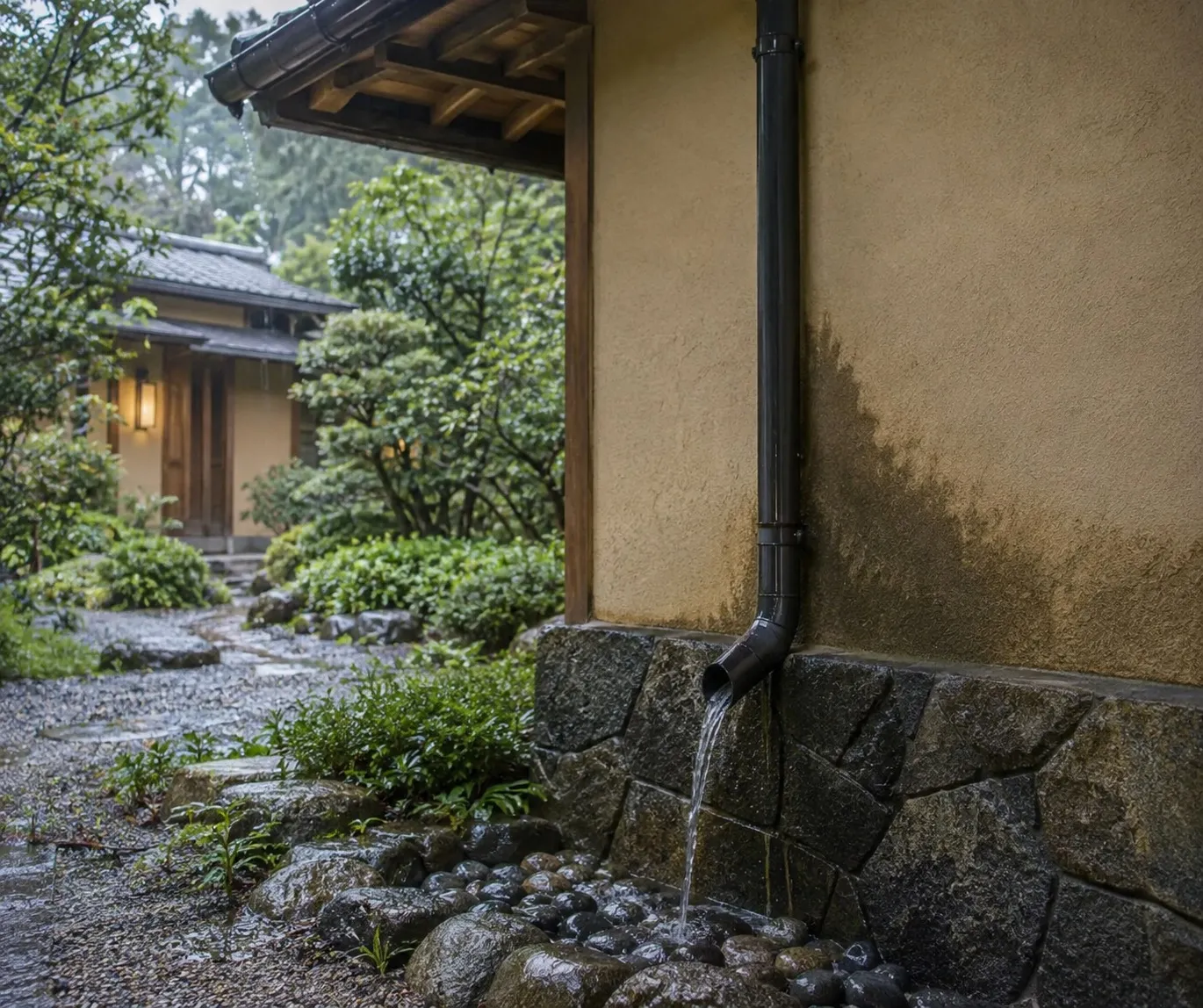 雨樋と外壁の水分経路を確認するイメージ