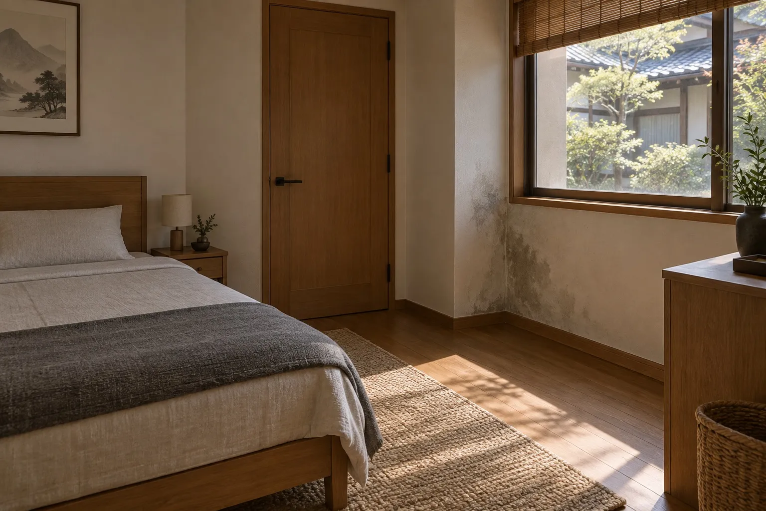 邸宅内スタッフ居室の窓際に生じた湿気のイメージ
