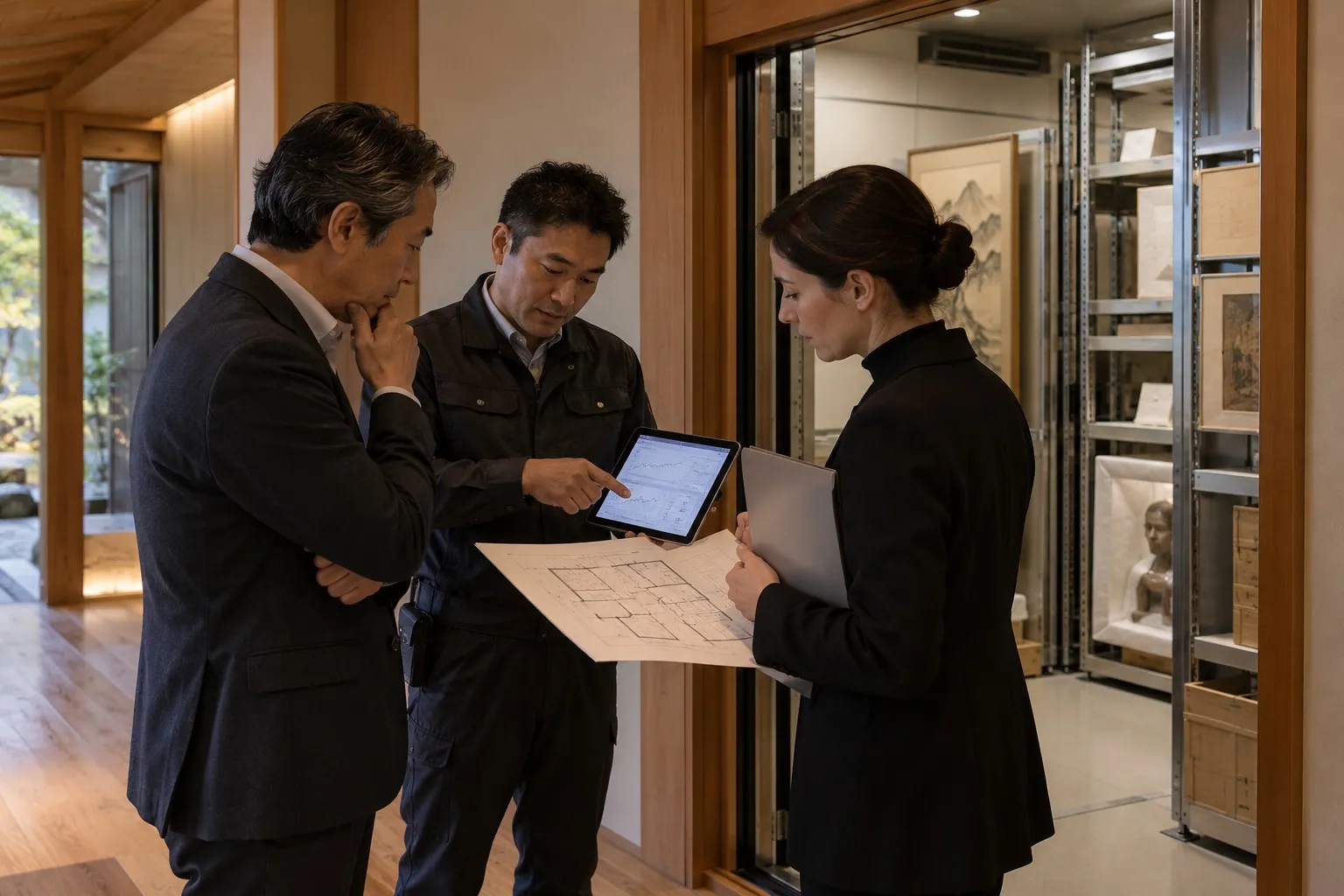 住宅管理者と建物調査員と保存修復家が相談するイメージ