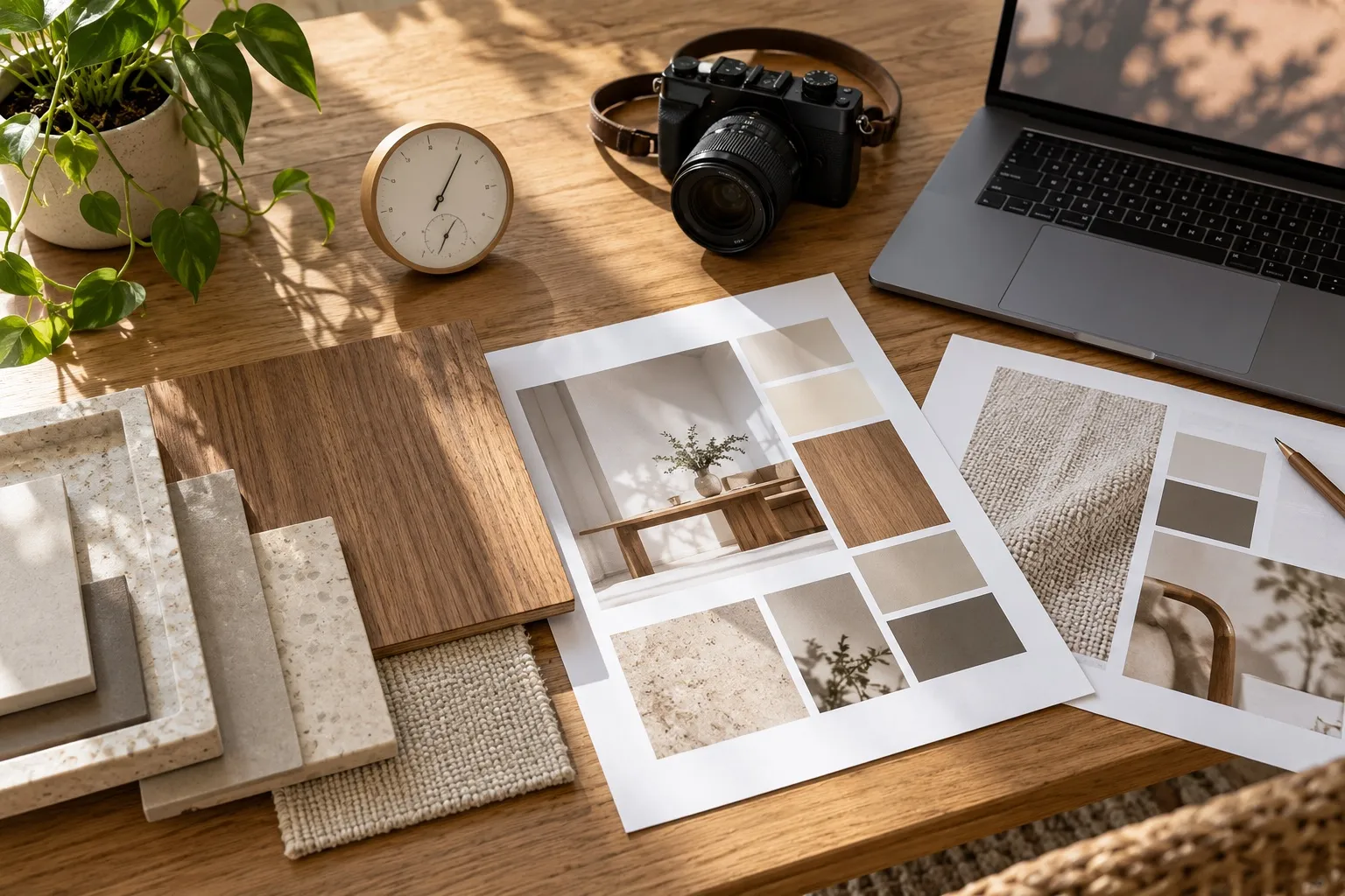 家具の仕様書と木材見本を整理するイメージ
