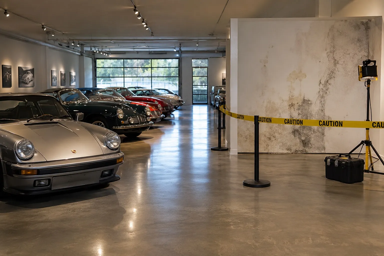 車両を保護しながら建物側を調べるイメージ