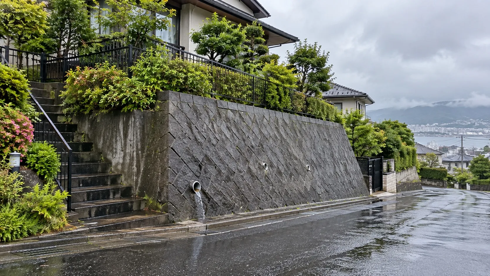 雨後の住宅敷地の擁壁と排水口を確認するイメージ